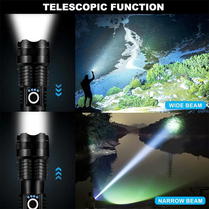 Lampe torche tactique LED rechargeable haute puissance zoom télescopique alliage aluminium pêche camping