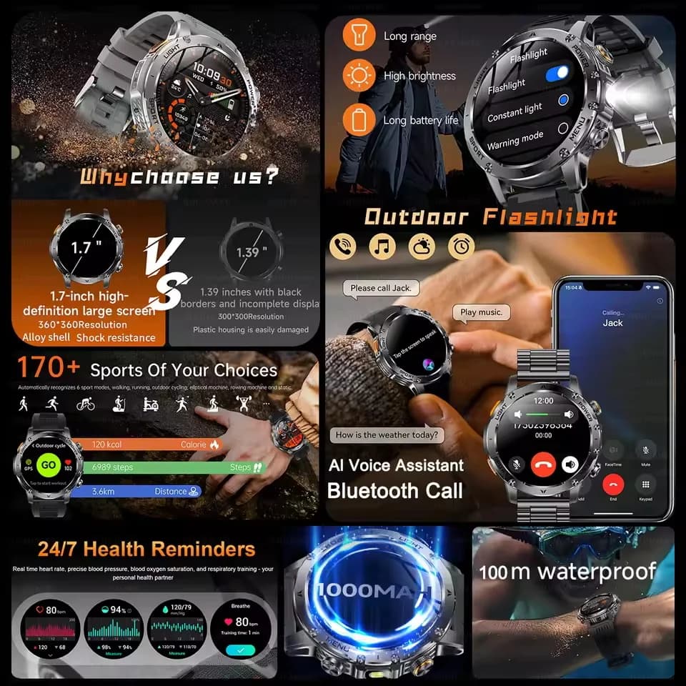 Montre Militaire 2025 T-Rex 3 Ultra - Smartwatch homme batterie 1000mAh étanche 5ATM lampe torche suivi sport