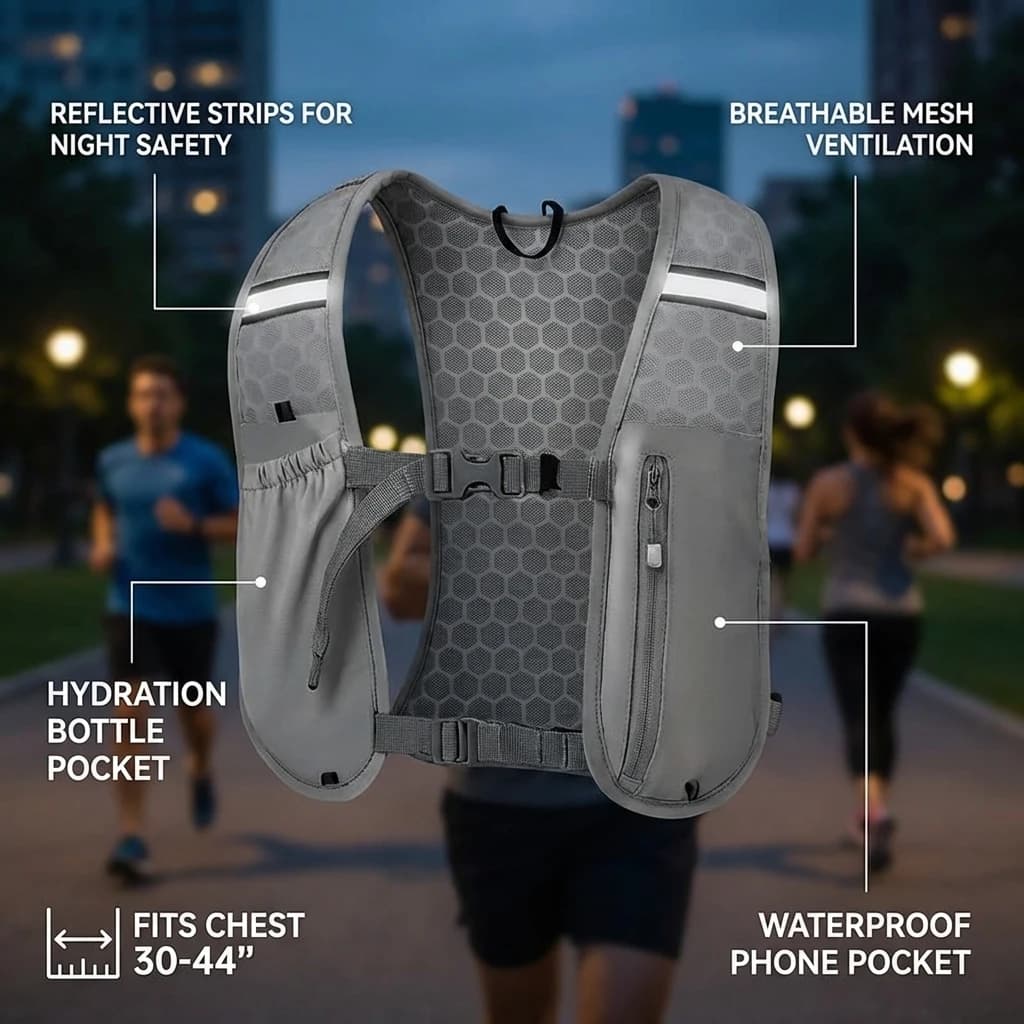 Veste de course légère hydratation avec poche à eau et rangement téléphone réfléchissante pour la pêche