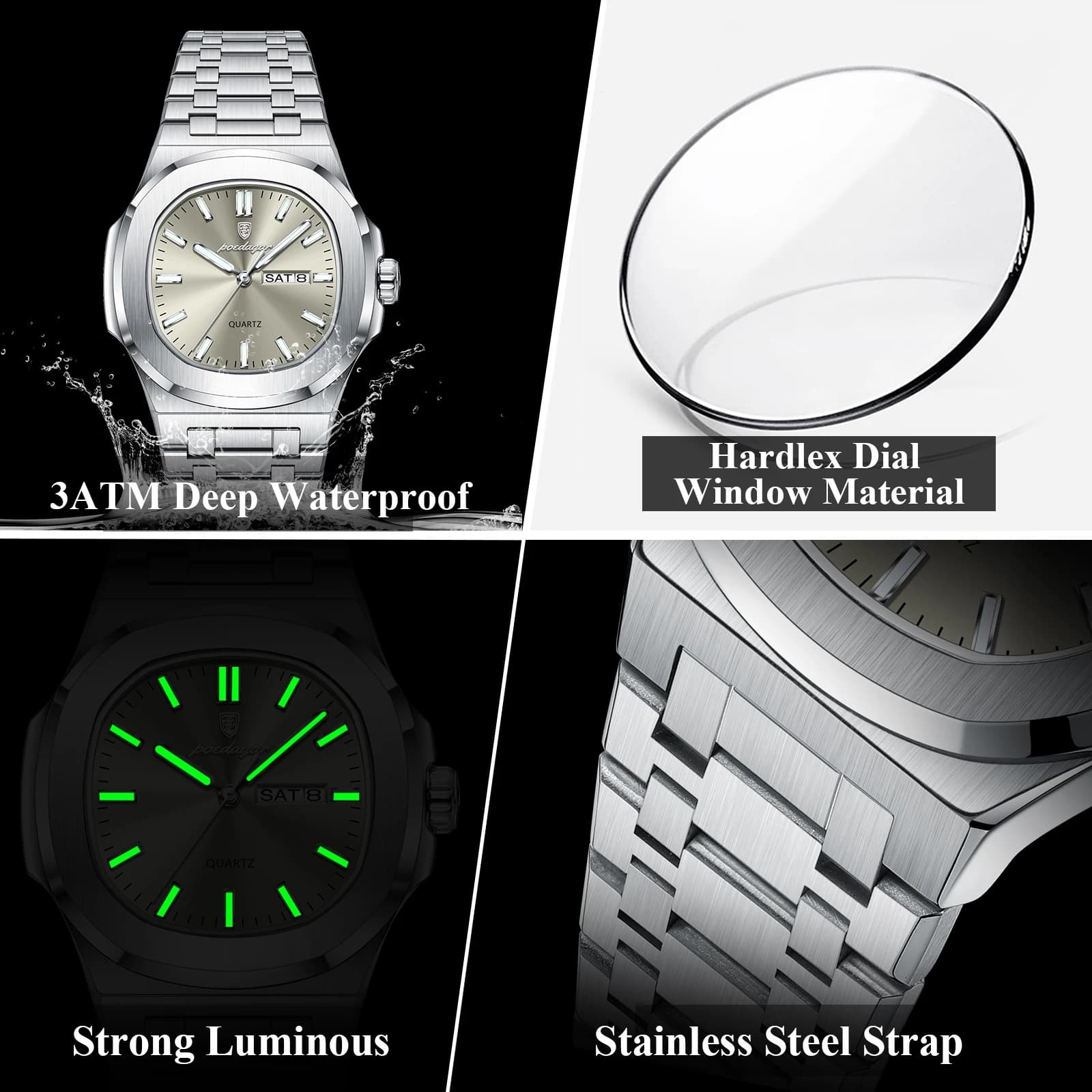 Montre militaire homme POEDAGAR luxe - Boîtier carré étanche avec date et lumières pour poignet masculin