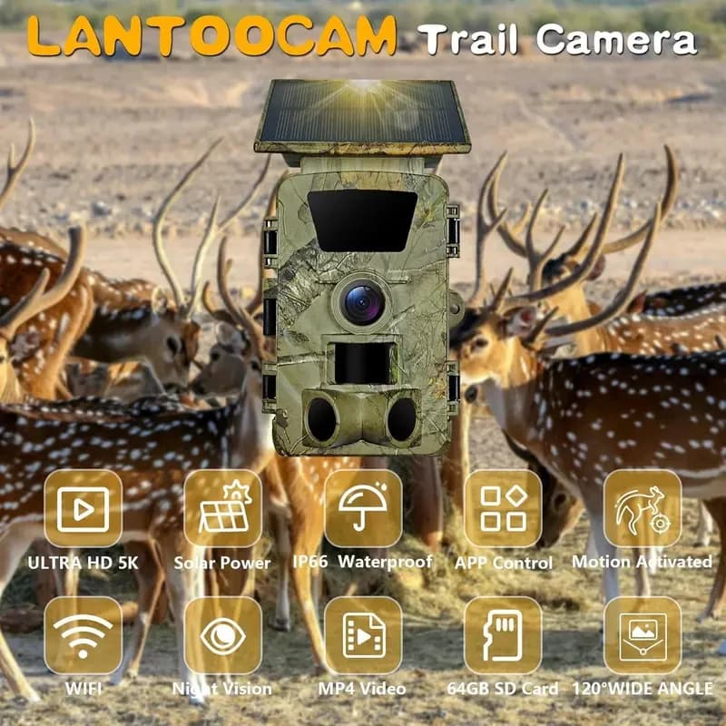 Caméra trail solaire WiFi 5K 60MP étanche IP66 avec contrôle APP et angle large 120°