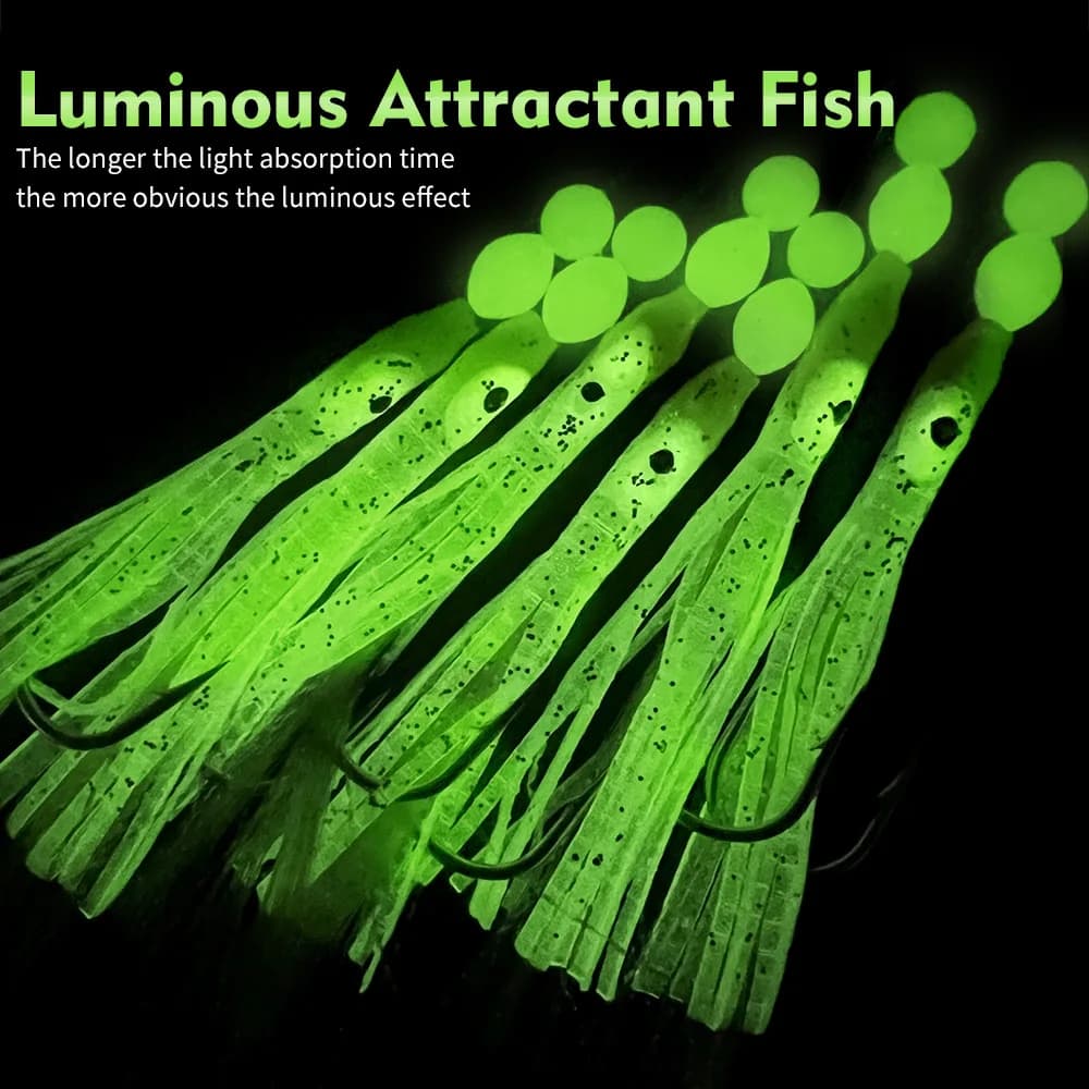 Kit de 6 leurres souples luminescents Sabiki pour pêche en mer : seiches, maquereaux et chinchards
