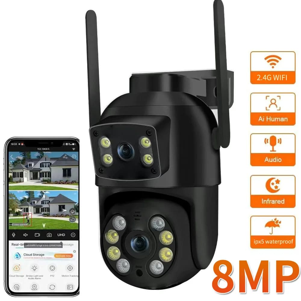 Caméra de sécurité extérieure 8MP 4K PTZ WiFi avec double objectif et détection IA humaine