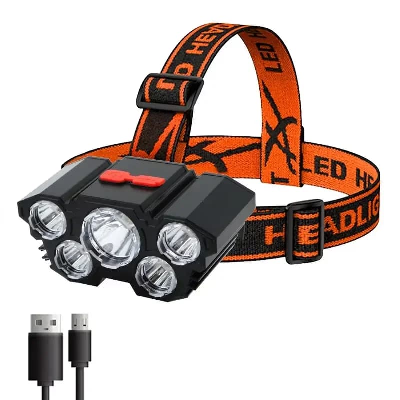 Lampe frontale rechargeable 5 LED avec batterie intégrée pour pêche aventure et camping