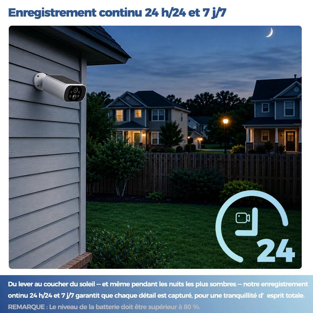 Caméra de sécurité solaire WiFi extérieur Alevio 2.5K, vision nocturne couleur, détection PIR et AI pour surveillance étang