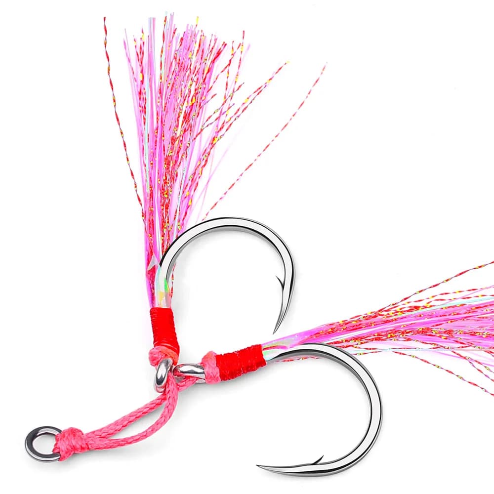5 hameçons assistés doubles à ardillon acier haute teneur en carbone, avec plume rose pour la