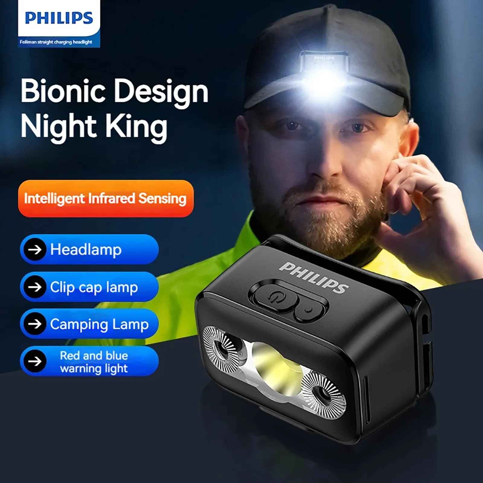Lampe frontale PHILIPS LED avec capteur de mouvement - 10 modes éclairage rechargeable USB Type-C pour pêche nocturne