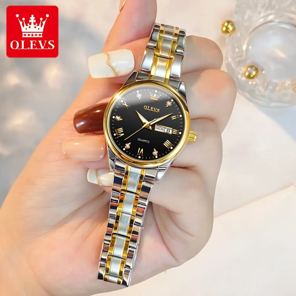 Montre femme luxe OLEVS diamants or acier inoxydable étanche calendrier date cadran lumineux bracelet métal