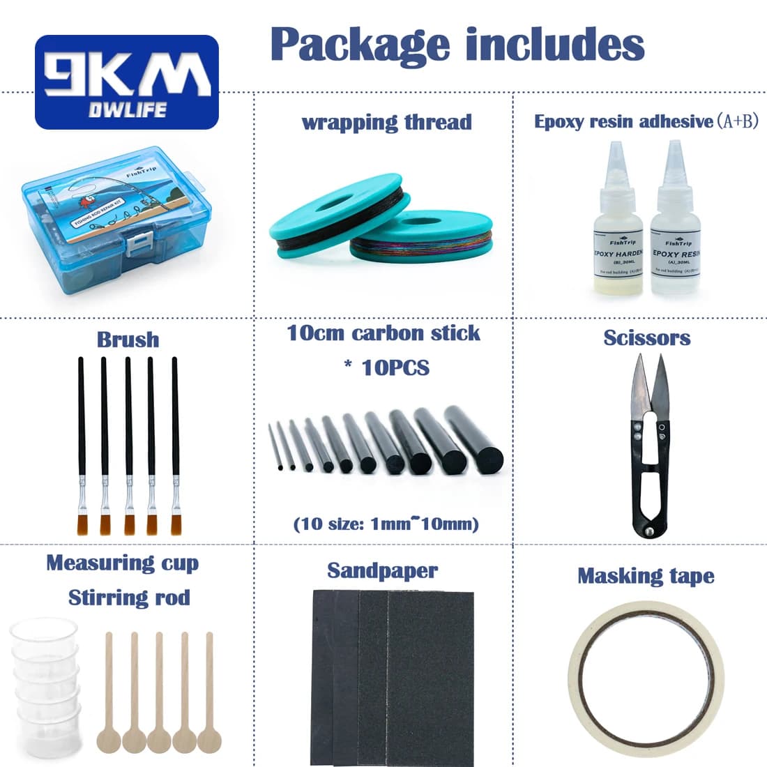 Kit réparation canne pêche complet époxy, 10 bâtons fibre carbone, colle AB, fil pour eau salée