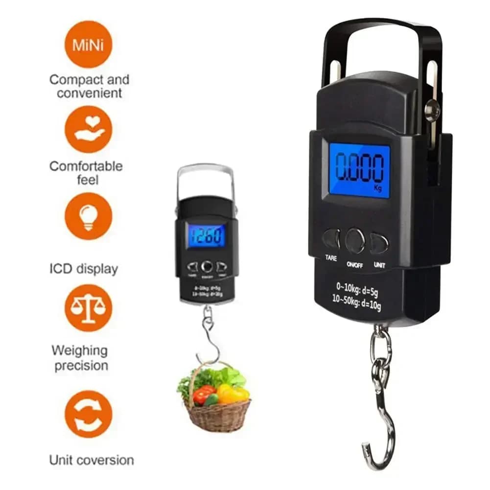 Mini balance numérique pêche 50kg avec mètre ruban - Écran LCD rétroéclairé pour mesures complètes