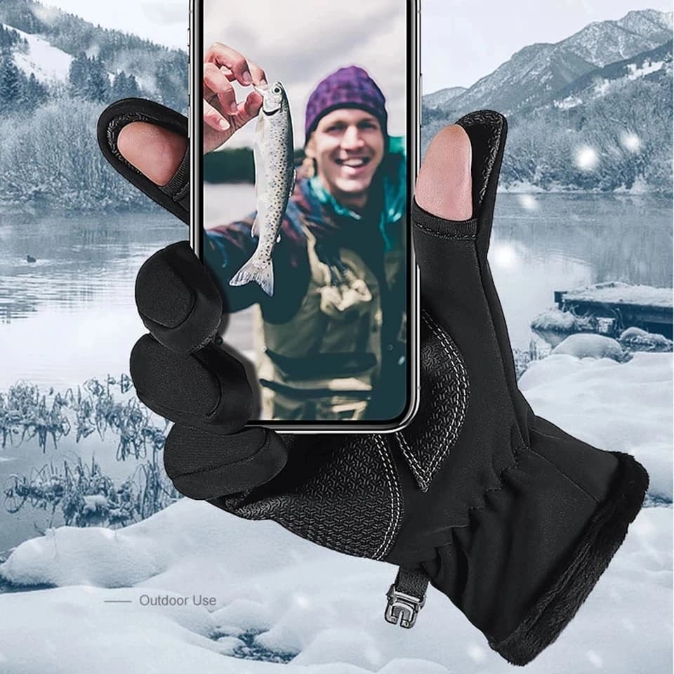 Gants de pêche hiver imperméables 2 doigts - Chauffants velours pour pêche par temps froid