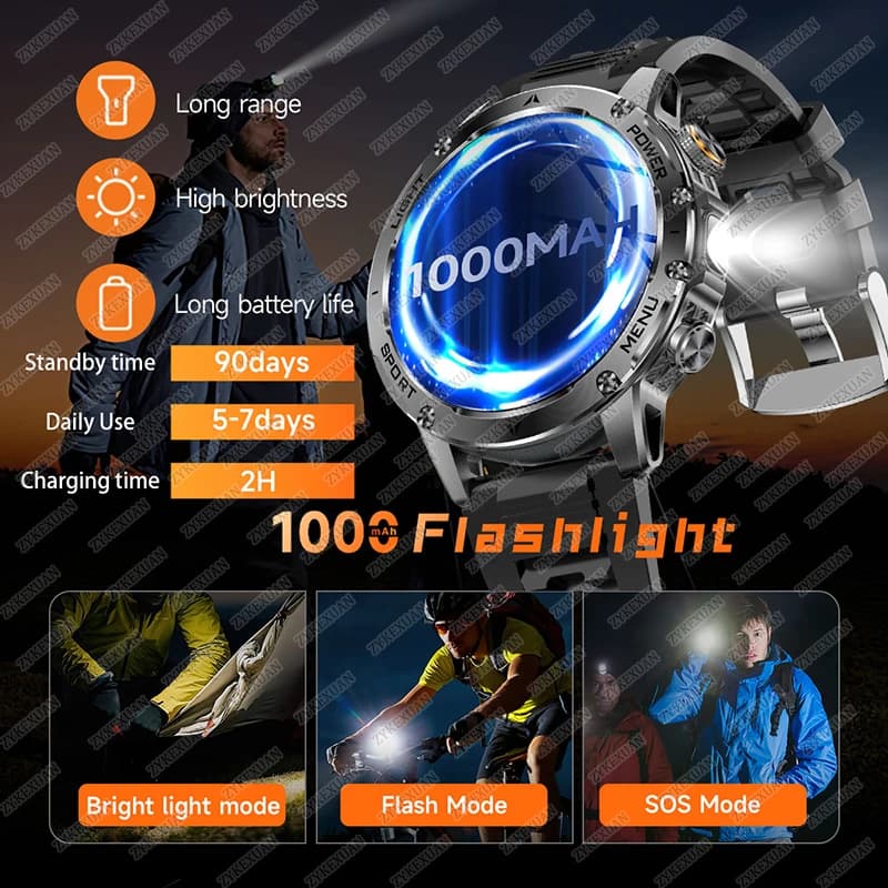 Montre militaire T-Rex 3 Ultra étanche IP68 avec lampe torche et suivi sportif pour hommes
