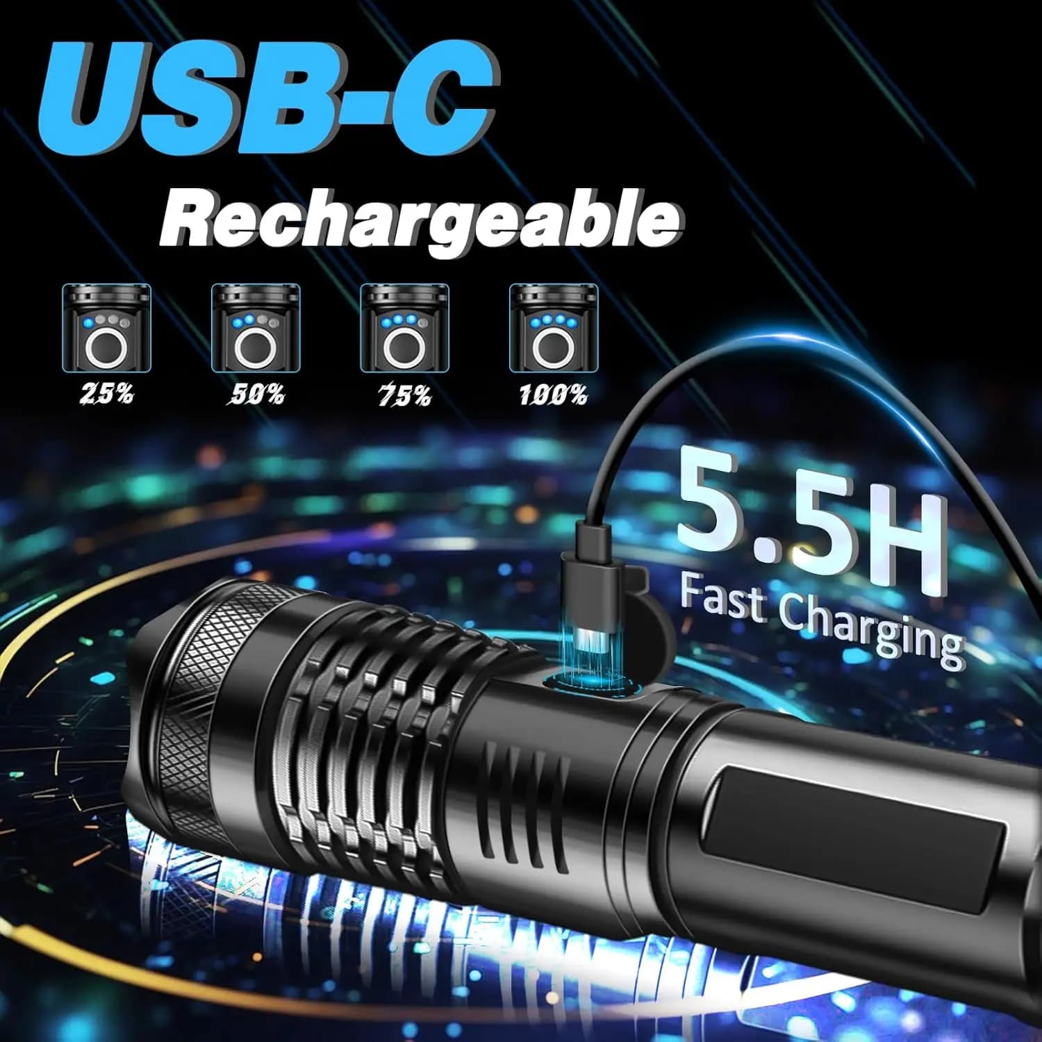 Lampe torche tactique LED rechargeable haute puissance zoom télescopique alliage aluminium pêche camping