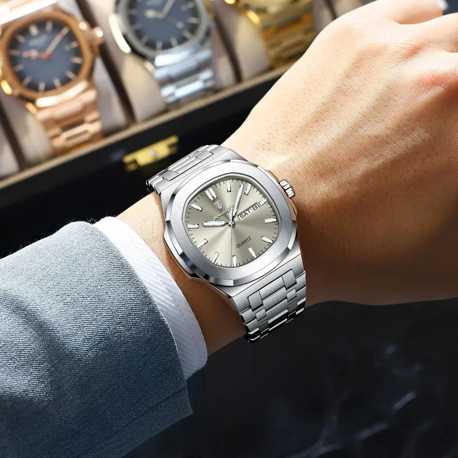 Montre militaire homme POEDAGAR luxe - Boîtier carré étanche avec date et lumières pour poignet masculin