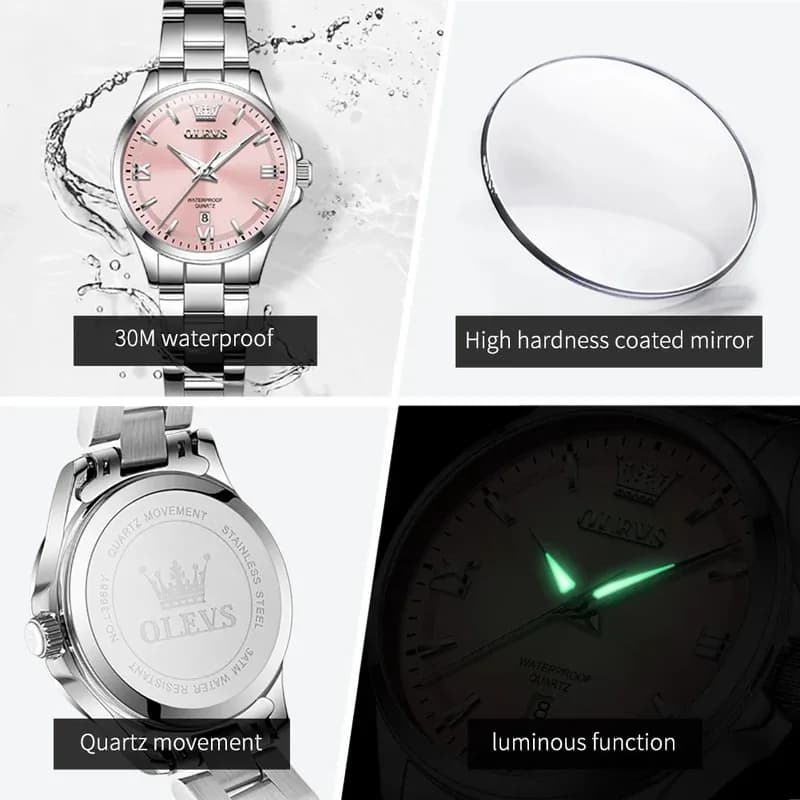 Montre femme luxe OLEVS 3668 acier inox étanche automatique chiffres romains date cadeau pêche