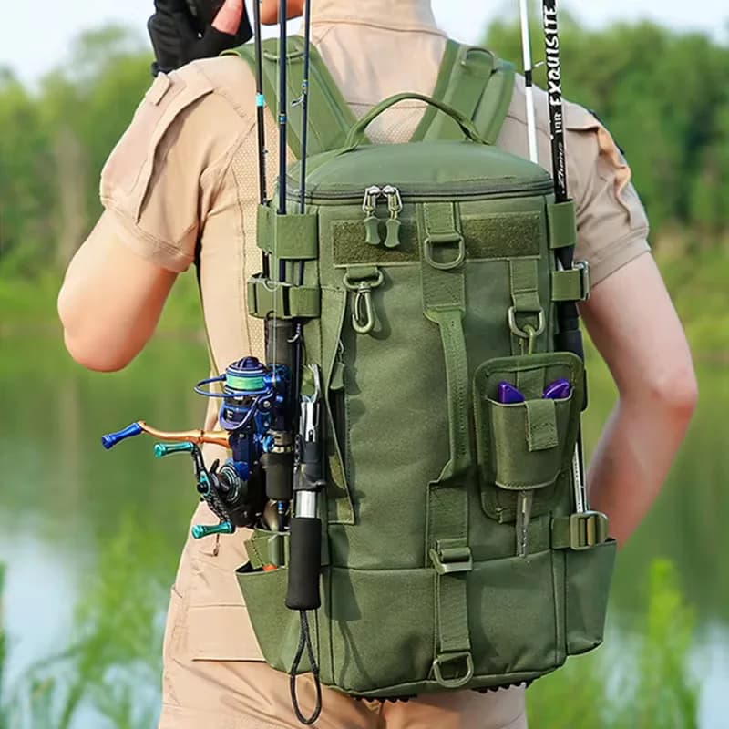 Sac à dos pêche multifonction avec porte-cannes et système MOLLE - Rangement équipement pêche camping randonnée