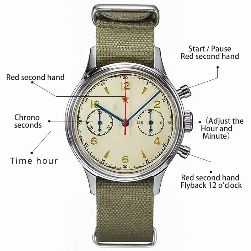 Montre automatique pilote vintage 1963 42mm étanche chronographe rétro pour homme pêche