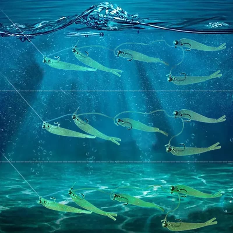 5 leurres souples appâts cluster avec yeux 3D et queue oscillante pour la pêche du bar en mer