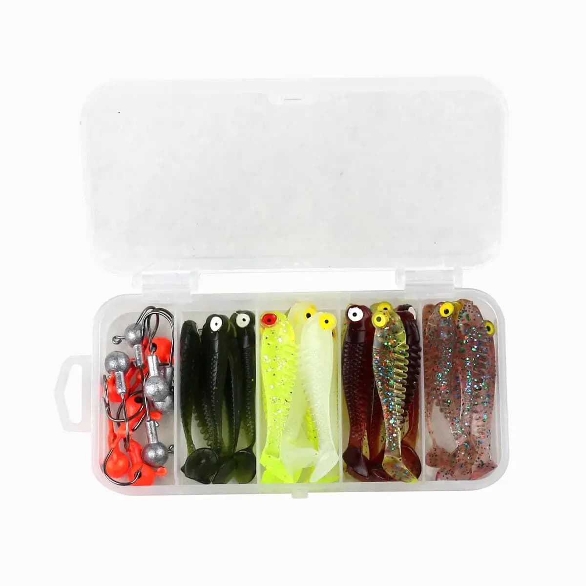Kit de 40 leurres souples pêche avec hameçons plombés 5cm 3.5g et boîte de rangement pour