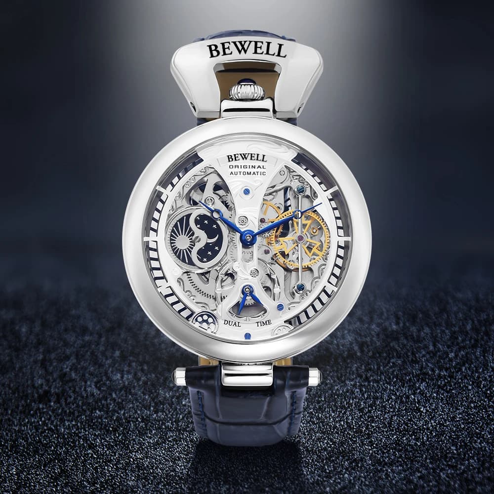 Montre automatique mécanique étanche luxe boîtier acier bracelet cuir véritable fond transparent