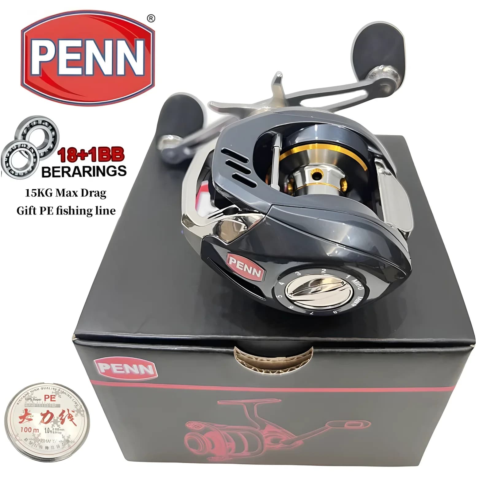 Moulinet Baitcast PENN 18+1 Roulements Ratio 7.2:1 Frein 15kg Acier Inox Réglage 9 Vitesses Pêche