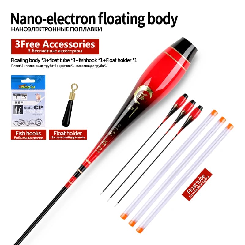 Lot pêche de nuit avec 3 flotteurs lumineux nano, tubes, hameçons et porte-flotteur sans pile CR425