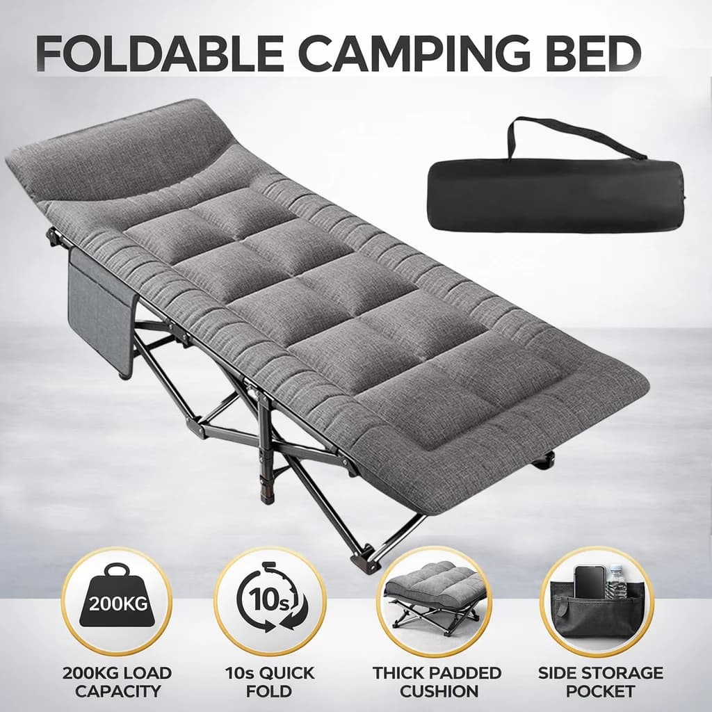 Lit de camping pliant 200 kg avec oreiller intégré pour pêche, jardin et bureau