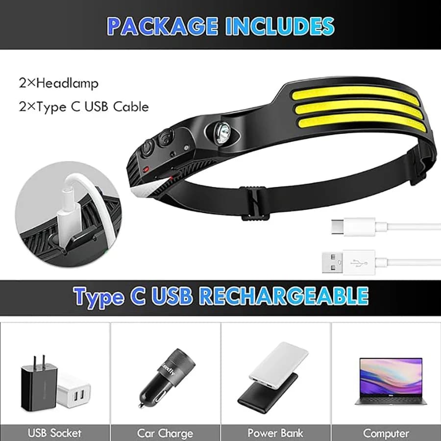 Lampe frontale induction COB LED puissante rechargeable USB étanche pour pêche camping vélo