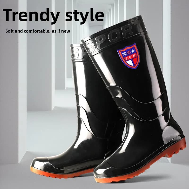 Bottes pluie hautes noires style militaire homme cuisine anti-dérapantes PVC longues chaussures aquatiques traditionnelles