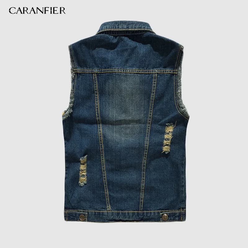 Veste sans manches en jean déchiré pour homme avec poches à franges, style cowboy streetwear printemps