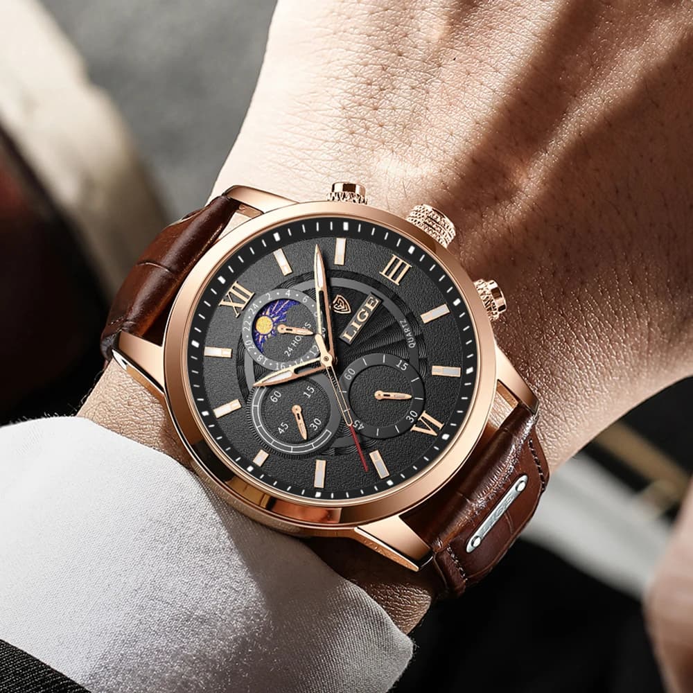 Montre homme luxe LIGE cuir étanche - Marque haut de gamme, mouvement quartz, style sport élégant