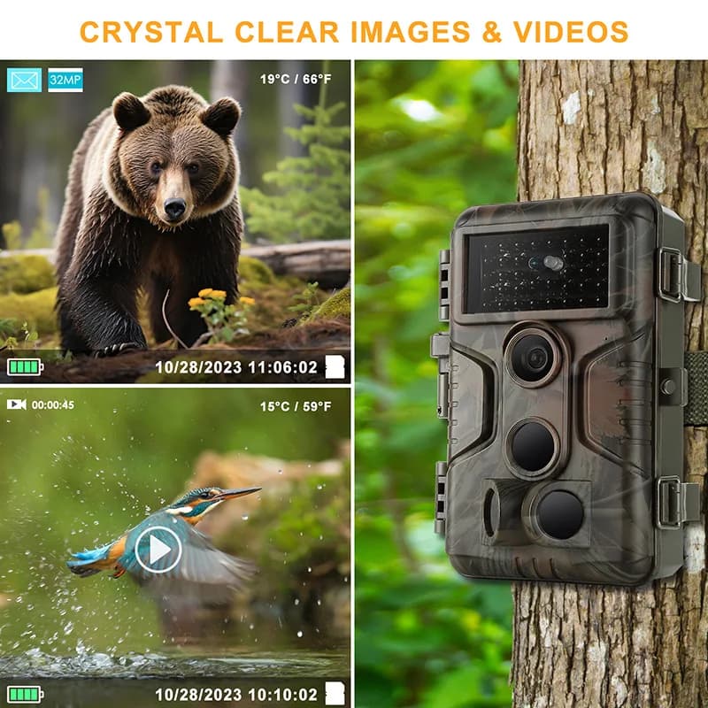Caméra de chasse 32MP 1296P 0.1s - Détection mouvement vision nocturne pour surveillance extérieure et piste
