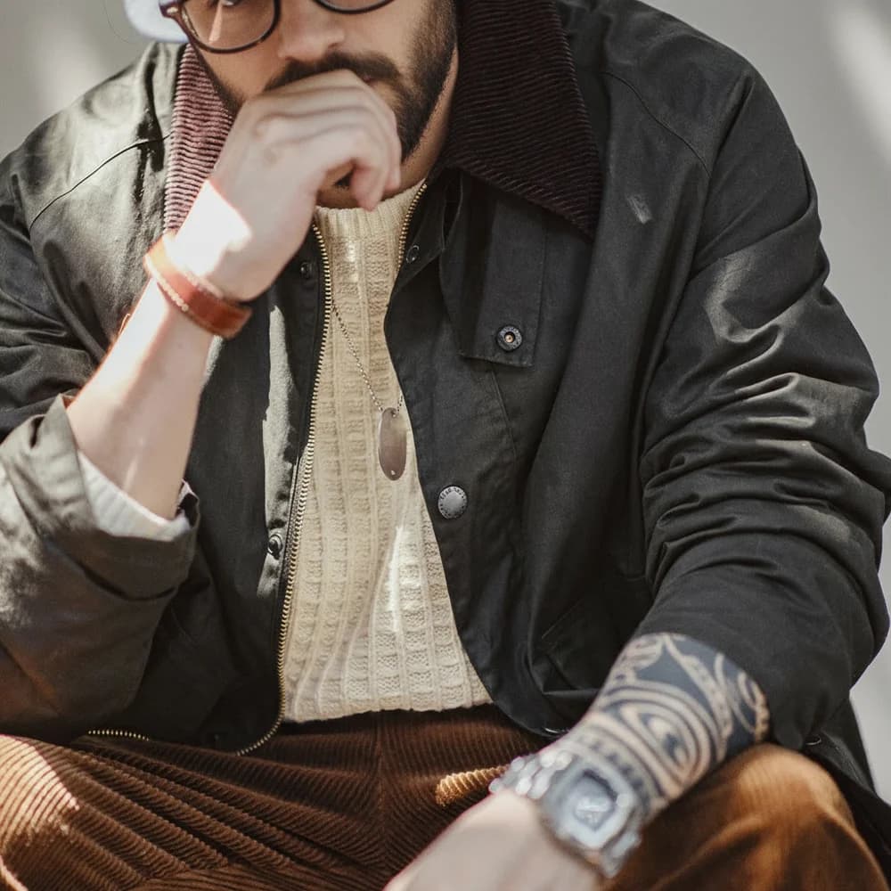 Veste de pêche vintage cirée Maden Spey col velours côtelé pour homme automne pêche traditionnelle