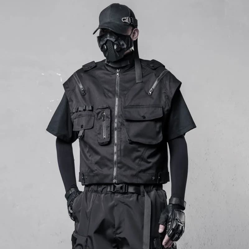Gilet cargo homme sans manches style techwear tactical, multi-poches avec fermeture éclair et col montant