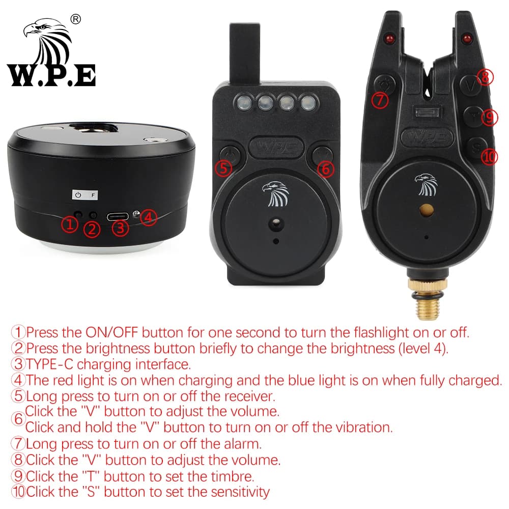 Set électronique W.P.E 4+1 pour pêche à la carpe avec alarme sans fil et lumière de tente - Alarme feeder