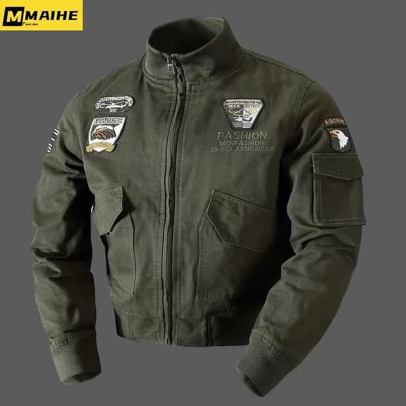 Bomber rétro homme automne printemps broderie avion pilote cargo col stand tactique