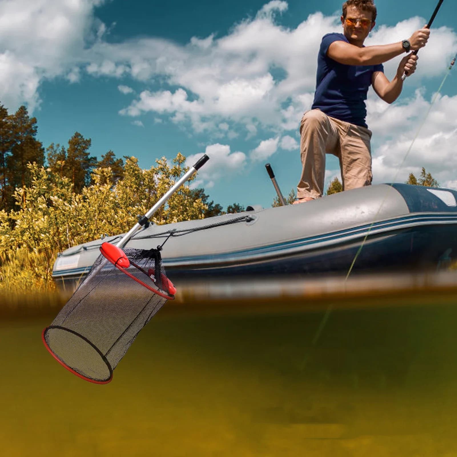 Filet de pêche flottant anti-fuite avec panier renforcé pour poissons, crevettes et écrevisses, portable et robuste