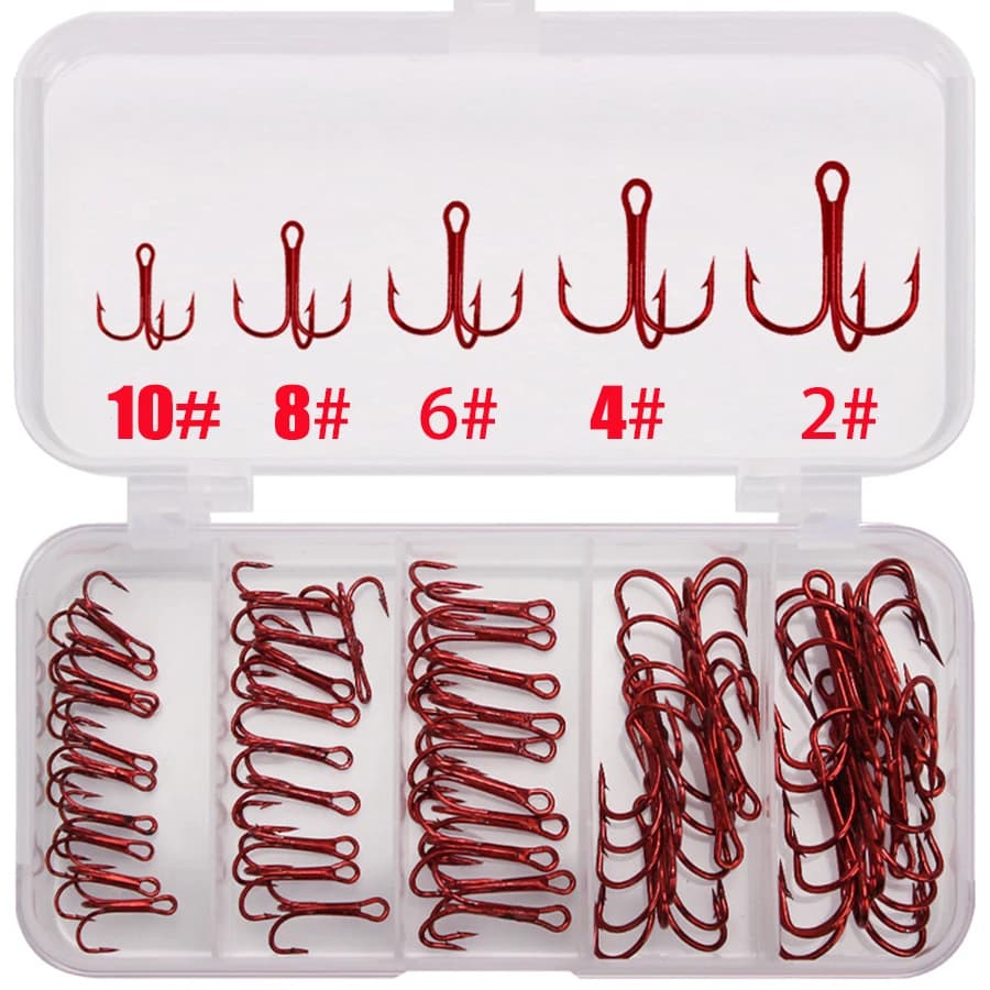 Hameçons triples rouges 50 pièces acier carbone - Kit pour leurres silure et bass tailles #2 à #10