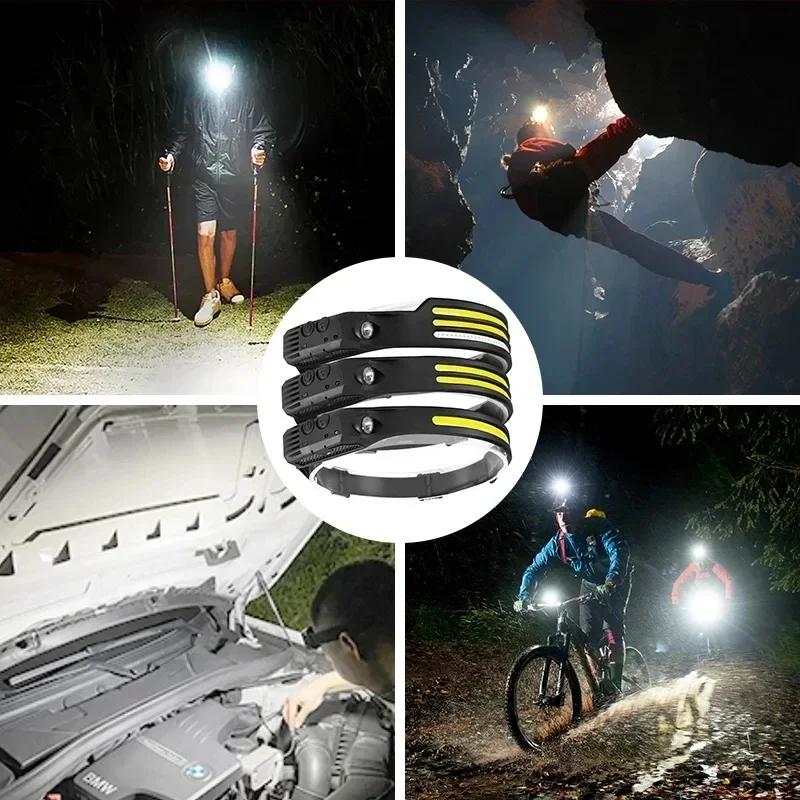 Lampe frontale LED COB à induction 5 modes - Rechargeable USB étanche pour pêche et camping
