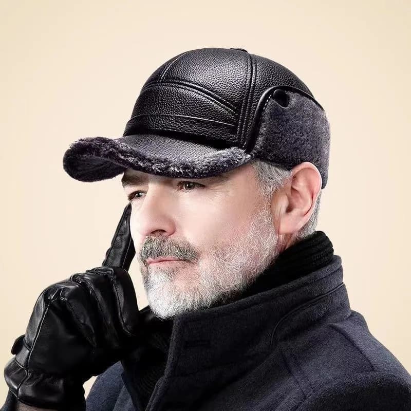 Casquette hiver pêche cuir doublure polaire - Protection oreilles vent - Ski pêche froide