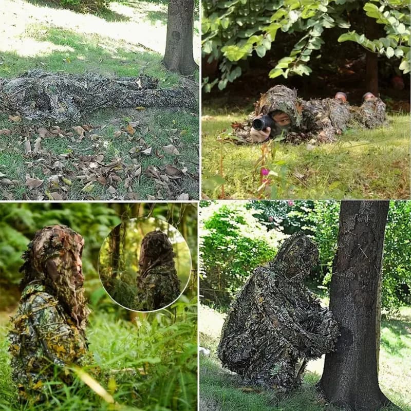 Combinaison Ghillie feuillue 3D camouflage forêt pour pêche discrète et photographie animalière