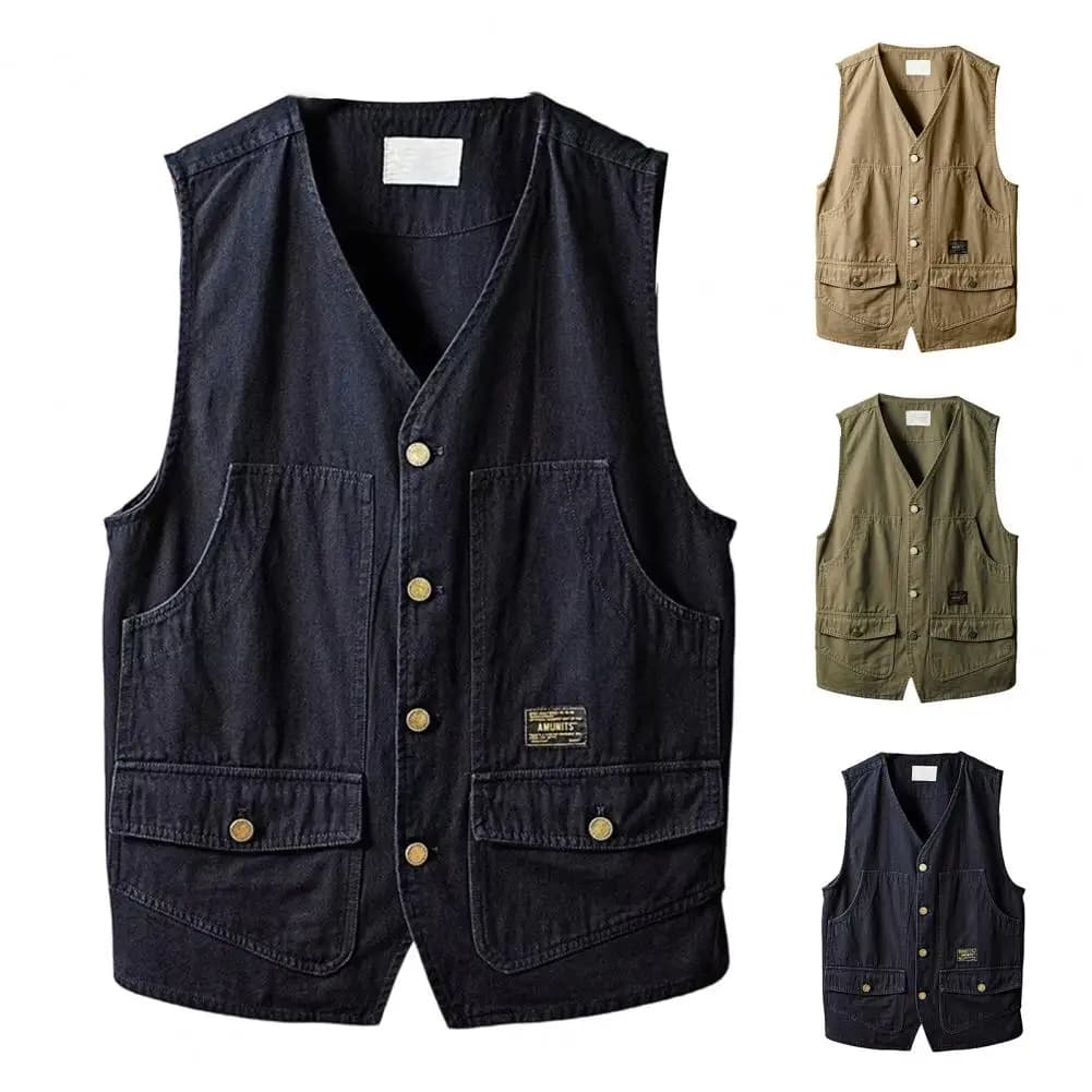 Veste de pêche sans manches pour homme, style coréen à col V avec poches pratique extérieure