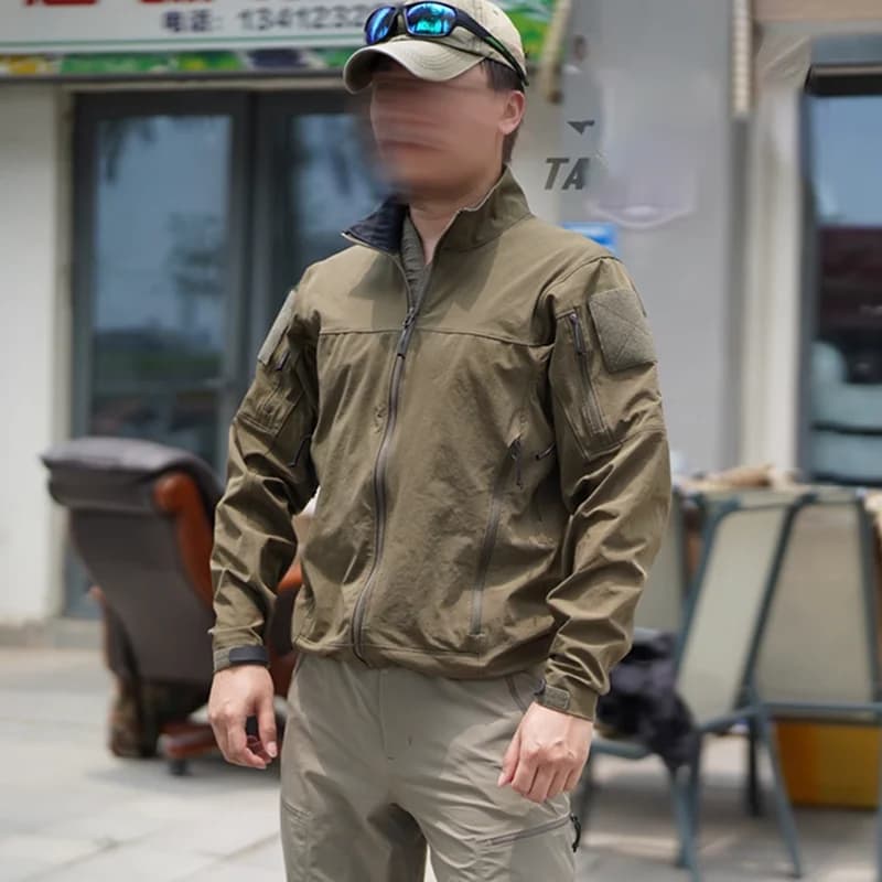 Veste tactique crocodile vert nylon - Softshell pêche 4 côtés élastique - Coupe-vent respirant randonnée