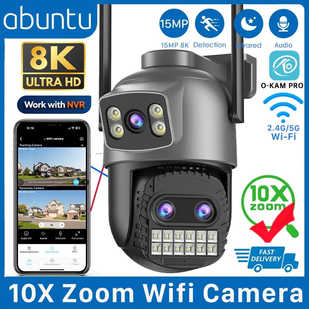 Caméra PTZ wifi 15MP 8K extérieure : zoom 10x, vision nocturne 35m, détection humaine pour surveillance