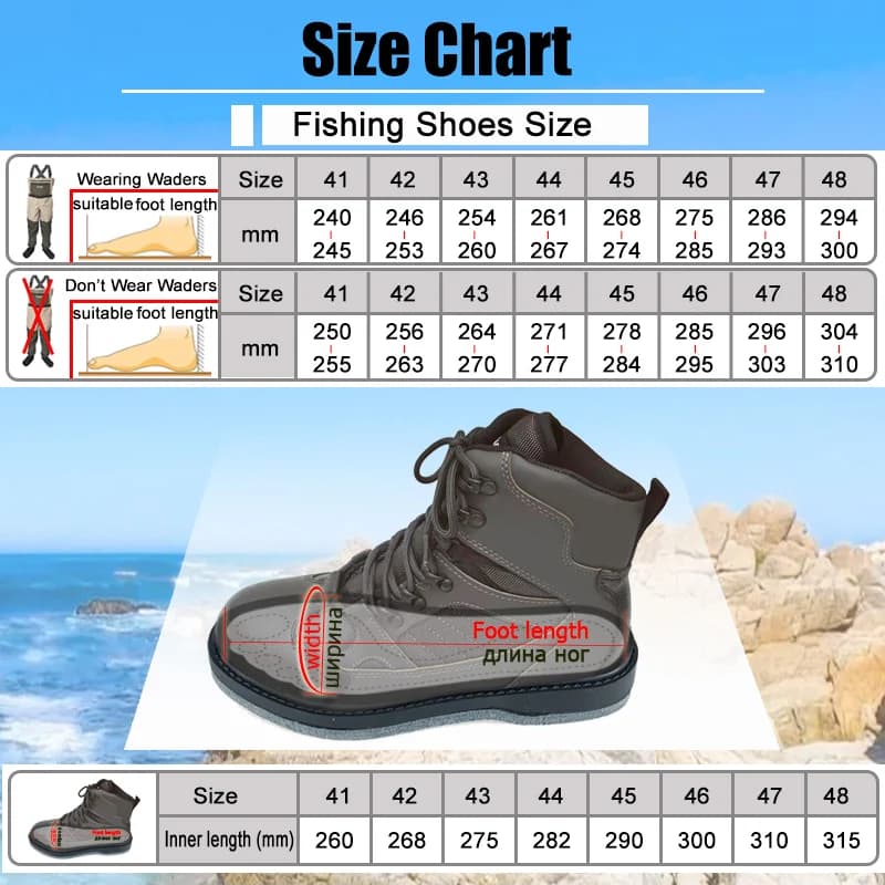 Chaussures de pêche étanches avec semelle feutre ou caoutchouc pour pêche en mer et rivière