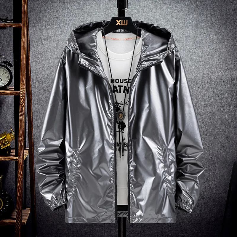 Veste bomber argentée brillante homme waterproof - Veste légère automne Harajuku coupe-vent à capuche