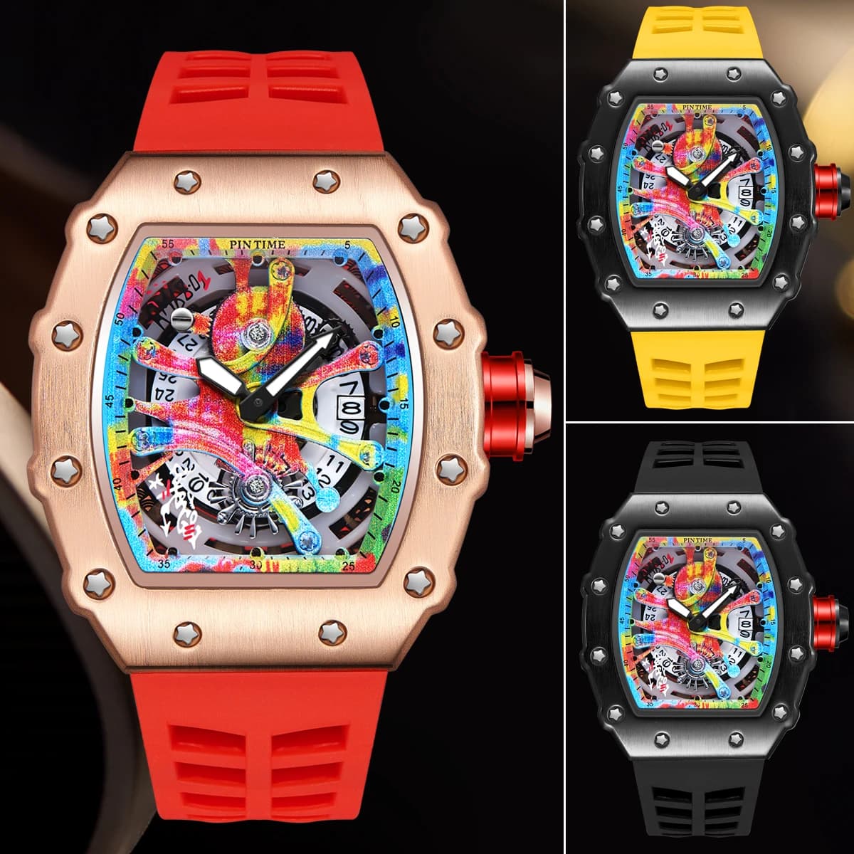 Montre homme luxe tonneau quartz graffiti cadran automatique date étanche sport élégante