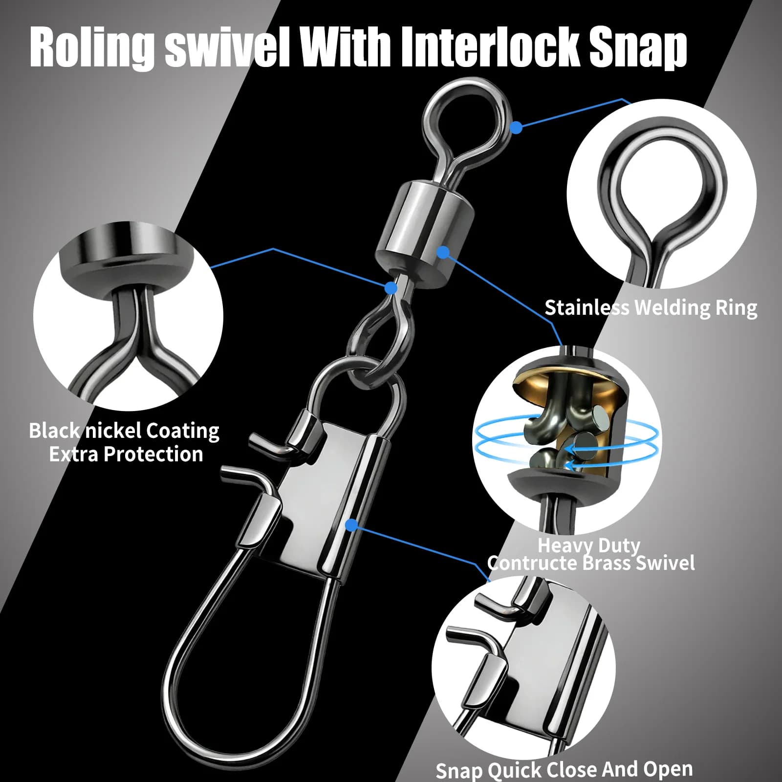50-100 snaps interlock à émerillon roulant FishTrip - Acier inox pour pêche en mer