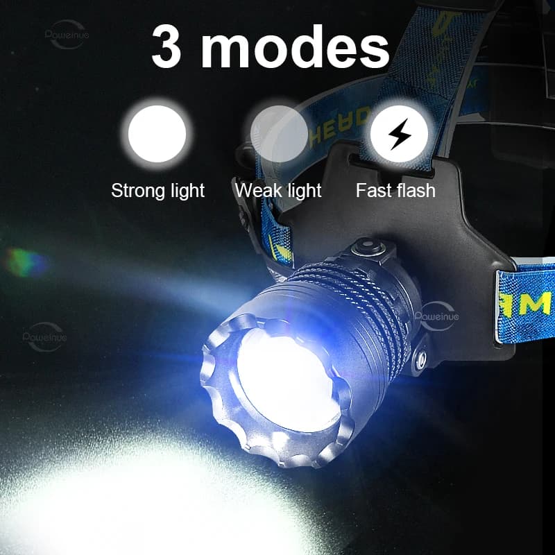 Lampe frontale 1200W ultra-bright IPX6 pêche - Étanche professionnelle pour pêche camping randonnée