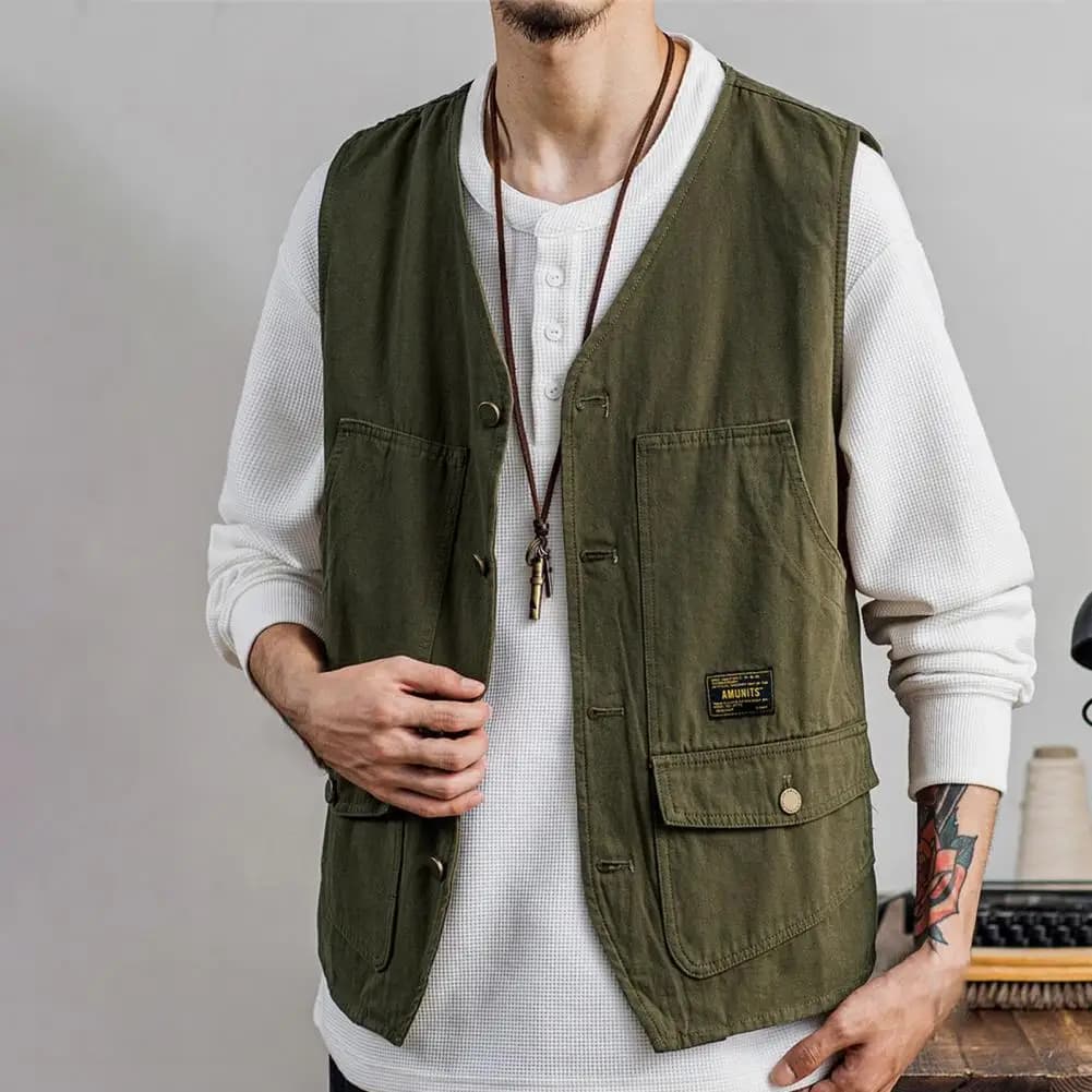 Veste de pêche sans manches pour homme, style coréen à col V avec poches pratique extérieure